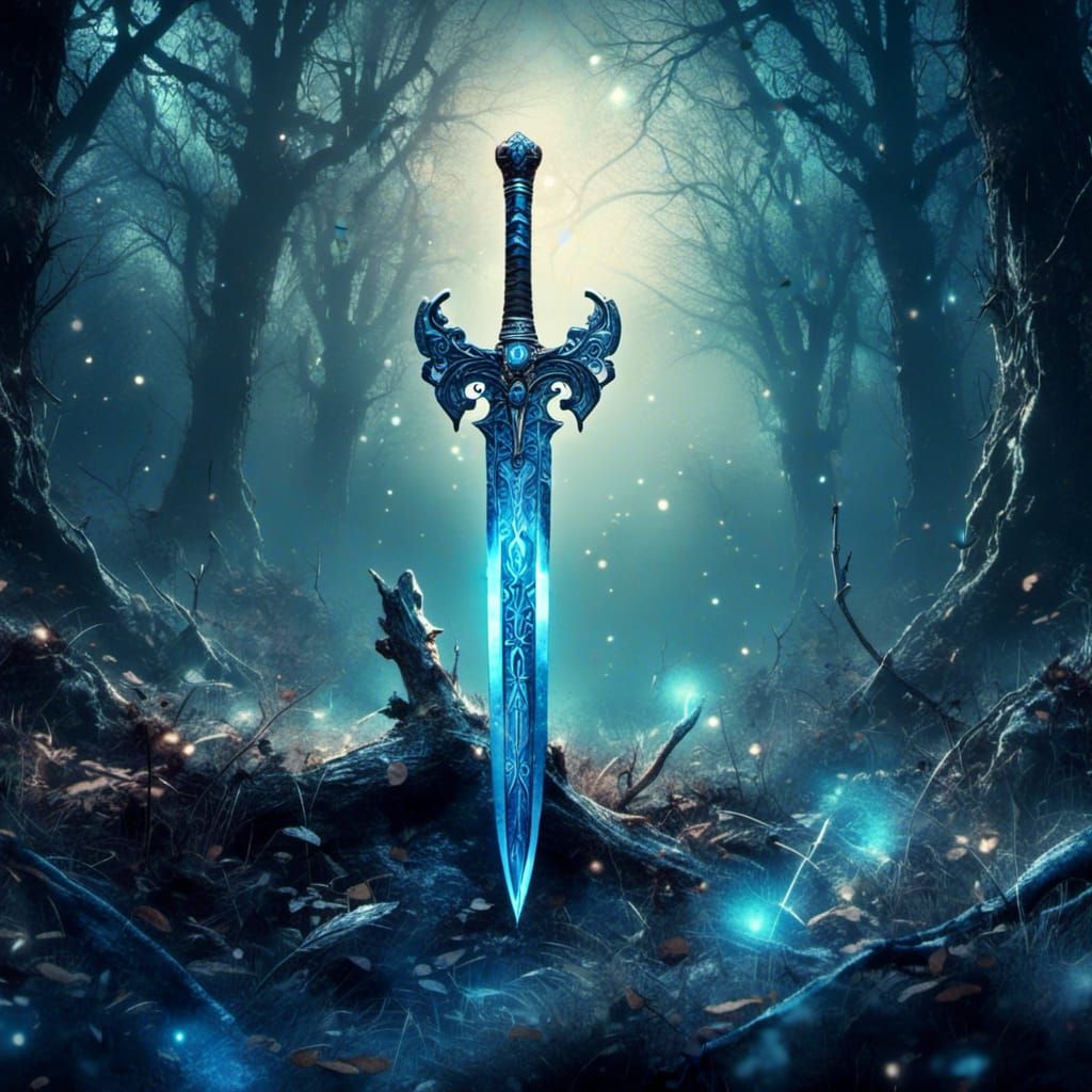 Glowing Sword in Misty Forest, Magical Realism