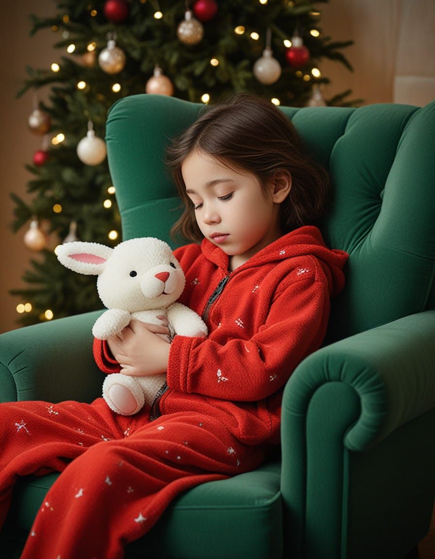 Serene Child in Vibrant Christmas Pajamas Embracing a Stuffe...