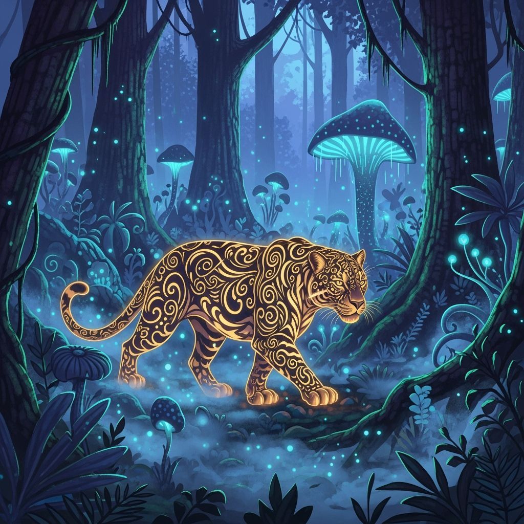 Panther with Golden Tattoos in Bioluminescent Jungle