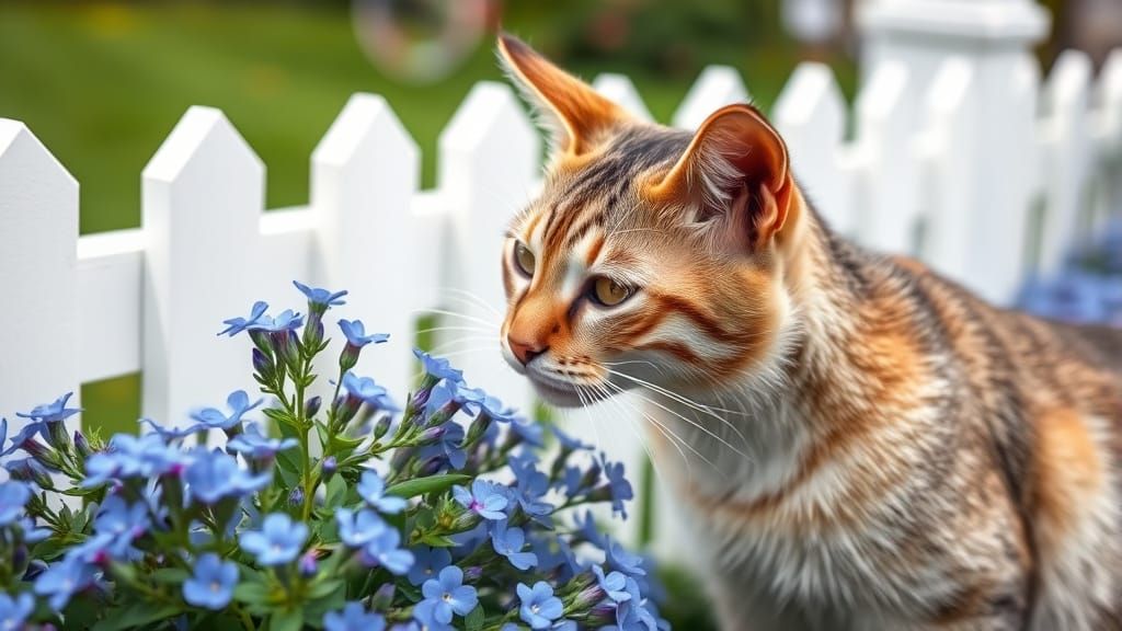 Cat Smelling Blue Flower in Garden by Fence
