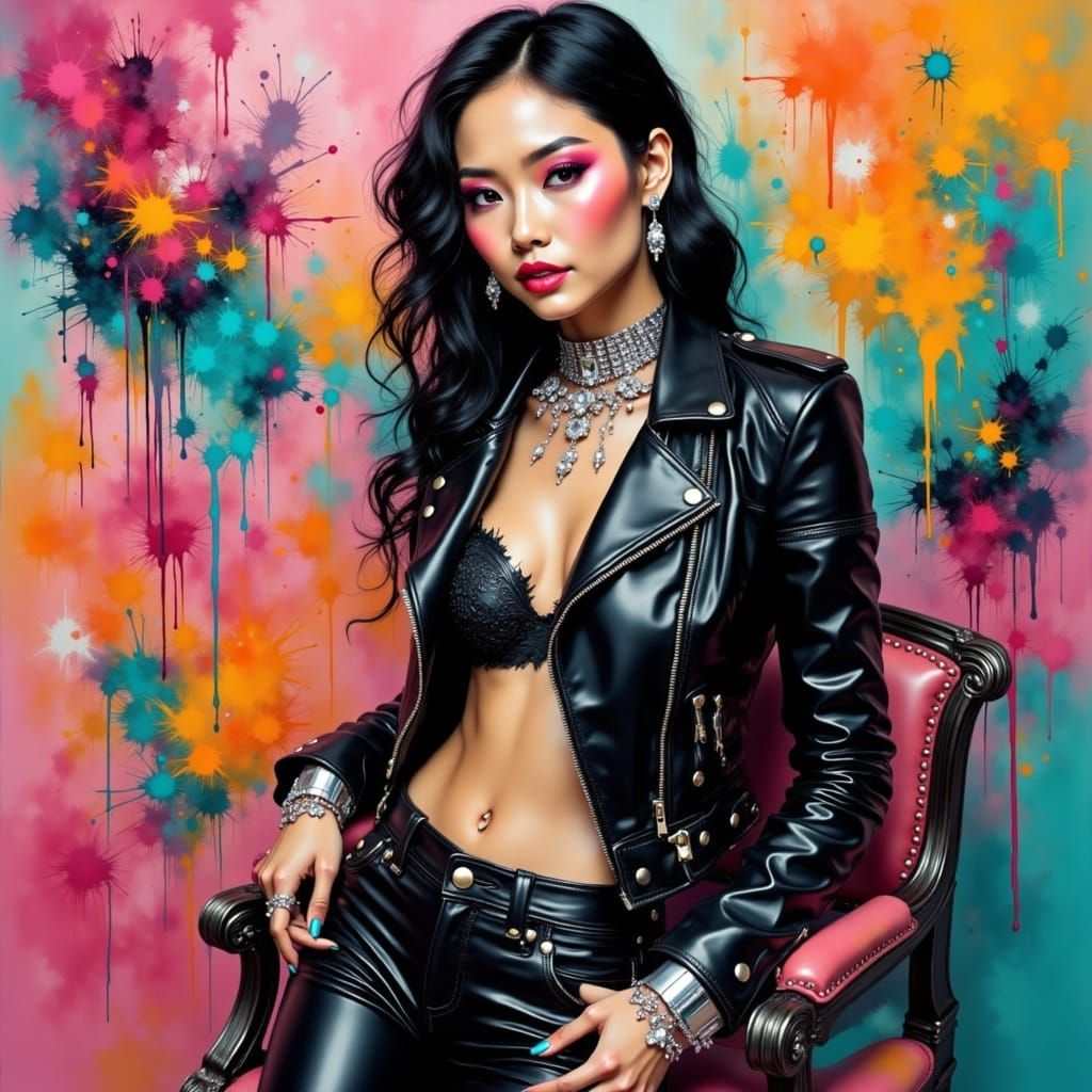 Asian Woman in Luxurious Black Leather Attire