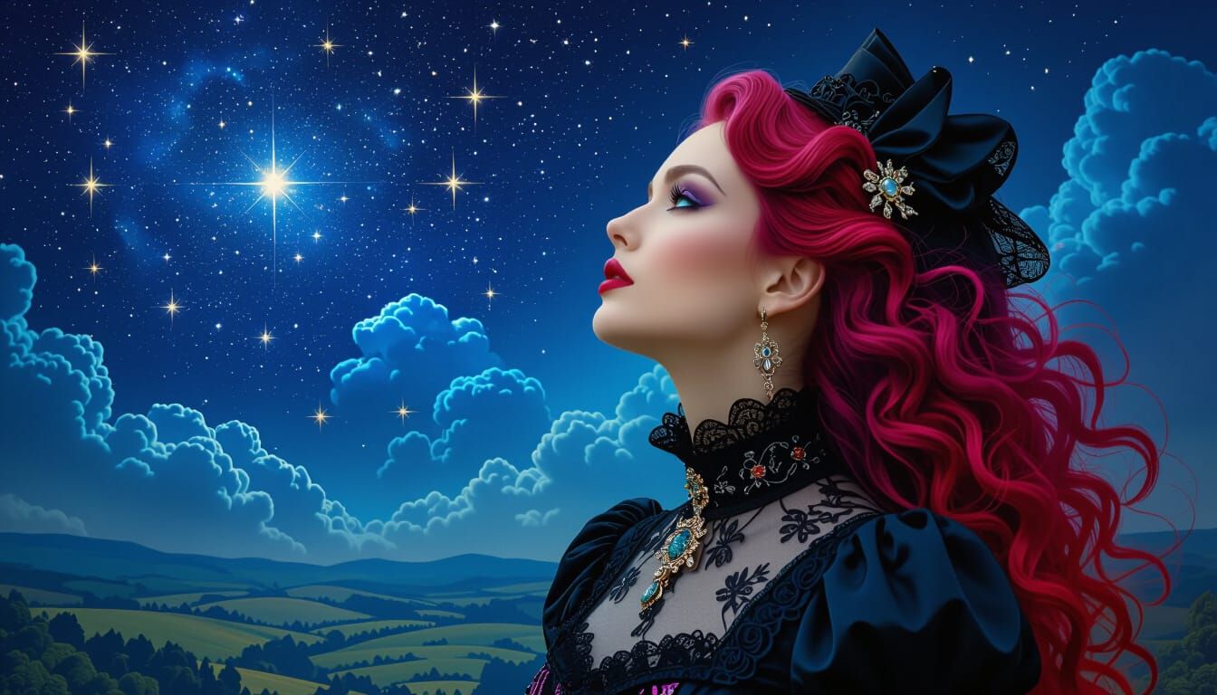 Gothic Woman Gazing at Astral Night Sky