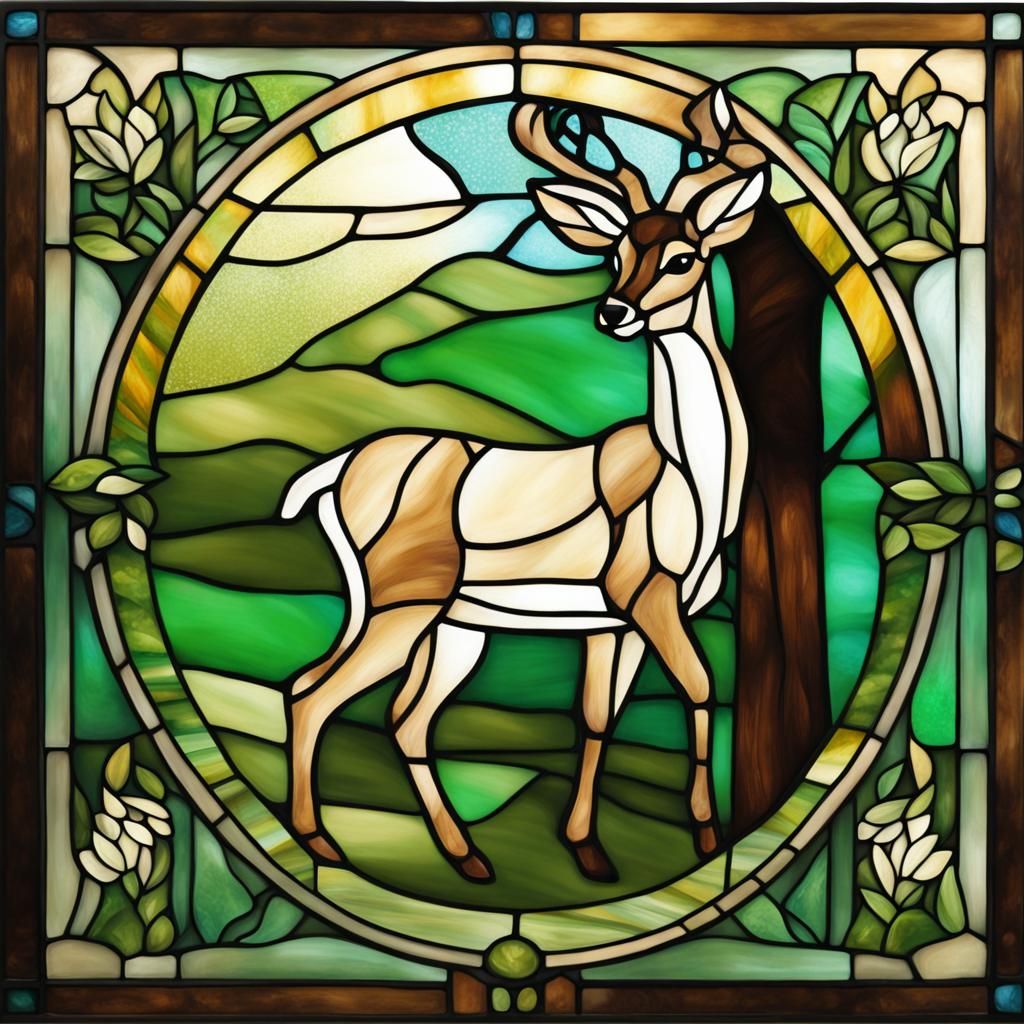 Doe in Forest: Medieval Stained Glass Style
