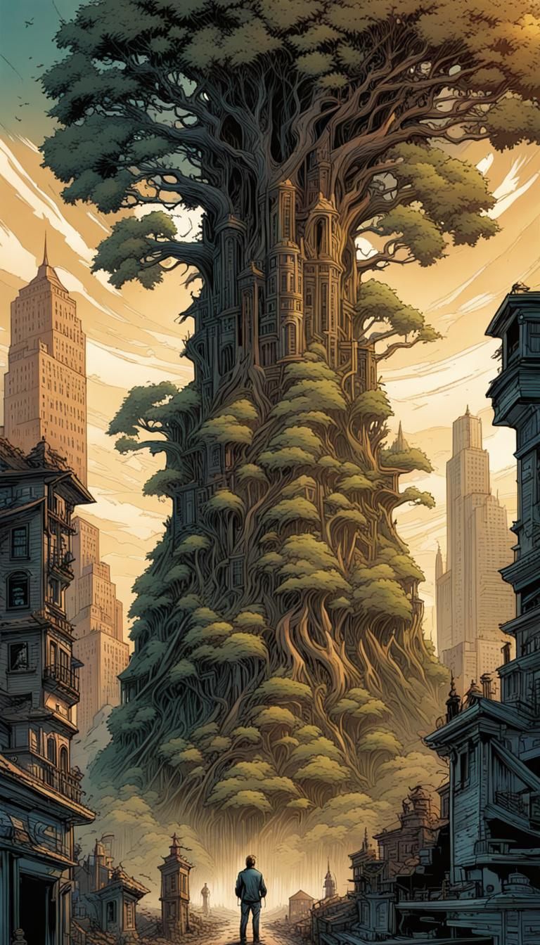 Towering World Tree City in Comic Book Style