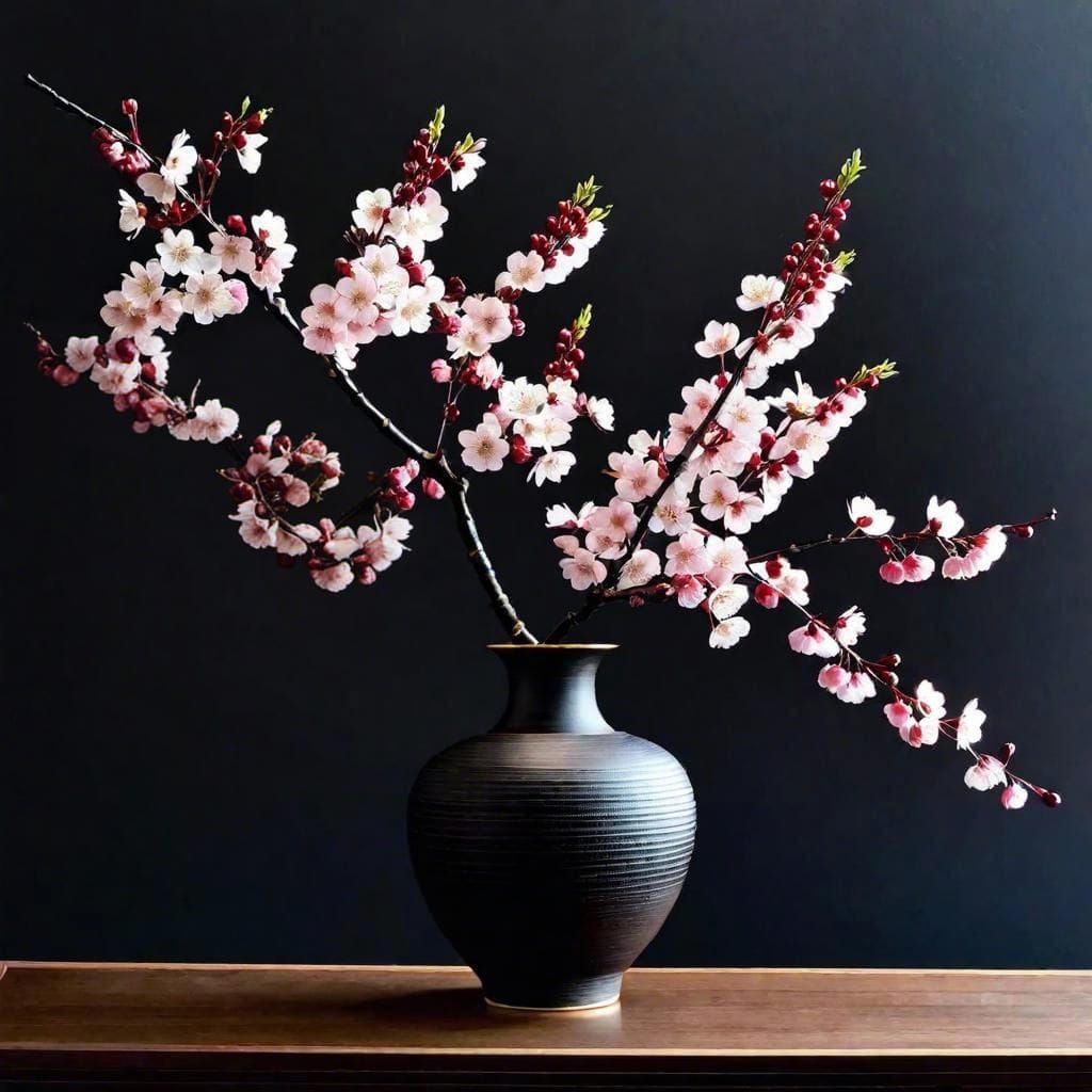 Ikebana Cherry Blossoms in Traditional Vase