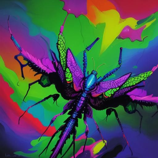 Psychedelic Mantis About to Devour Human Skull