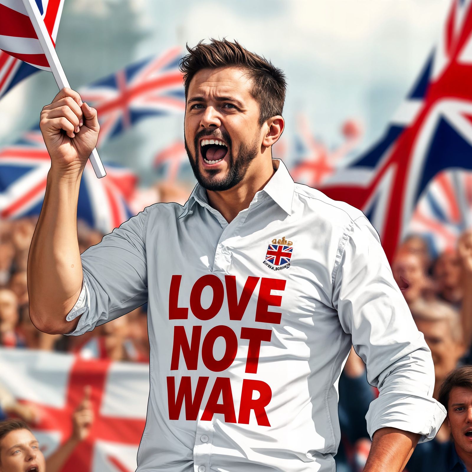 Patriotic English Icon with LOVE NOT WAR Slogan and UK Flag