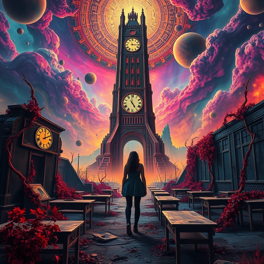 Woman in Hyper-Surreal Wasteland with Fractal Tower