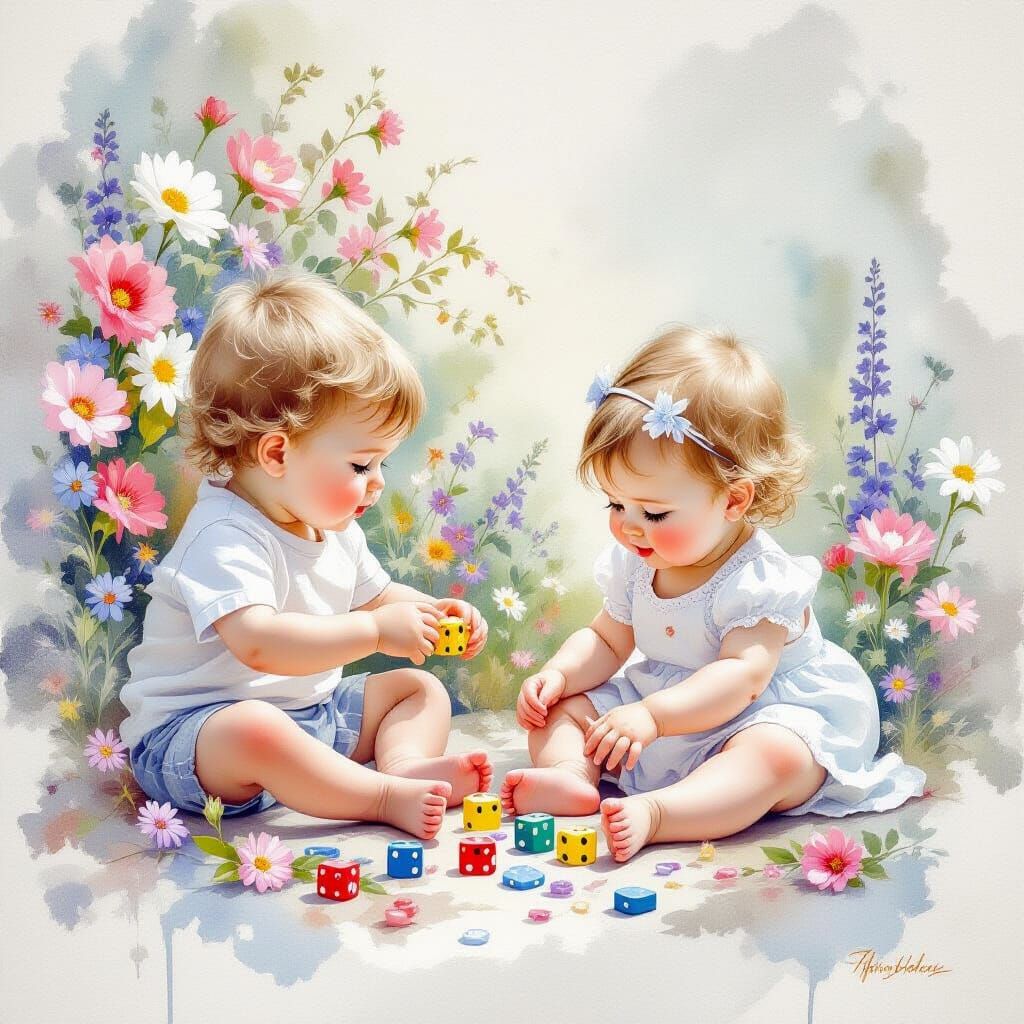 Watercolor and Ink Macro of Siblings Playing Jacks