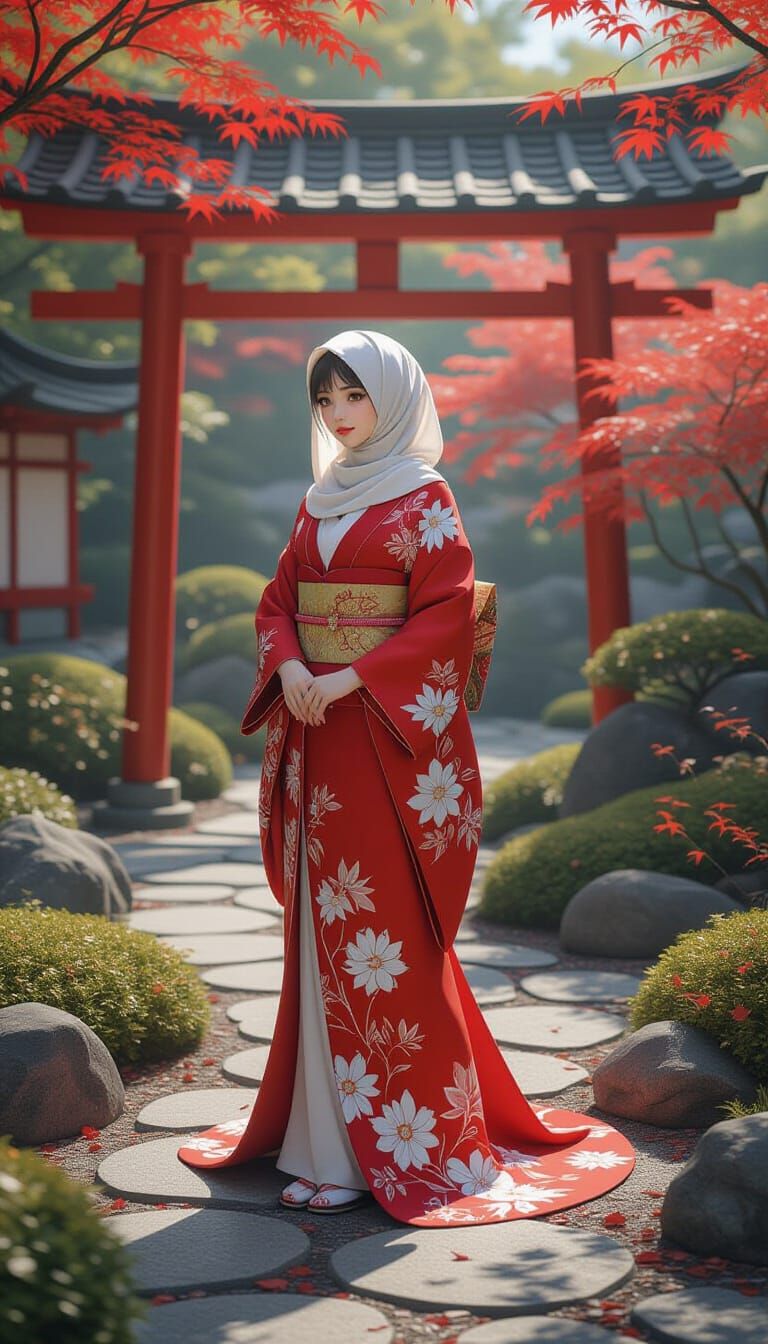 Elegant Muslim Japanese Lady in Anime Style