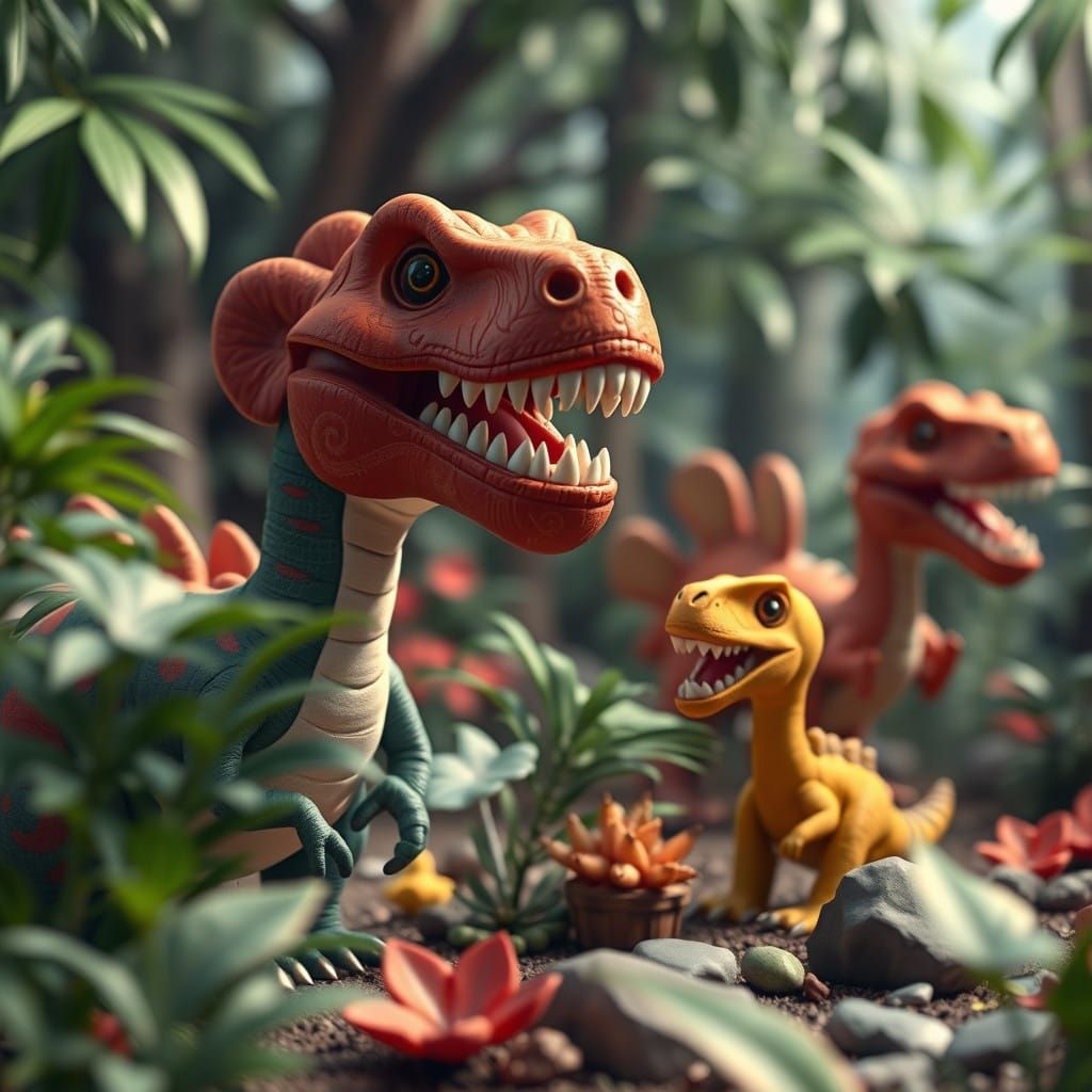 Vibrant Claymation Dinosaurs Roam Exotic Jungle in Hyperreal...