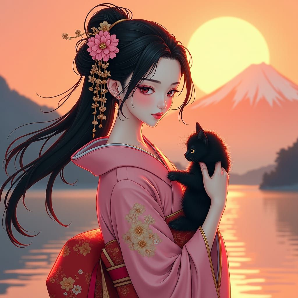 Geisha with Kitten in Ukiyo-e Dark Fantasy Style