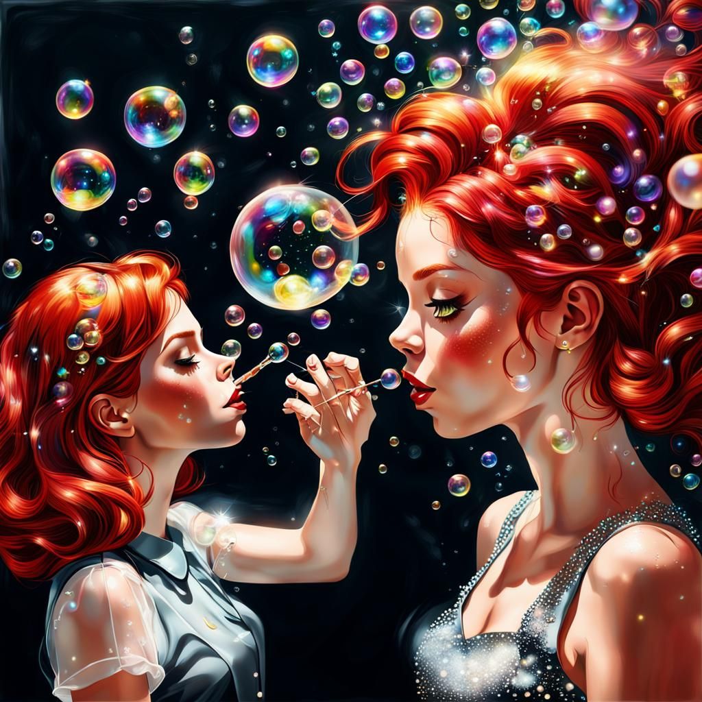 Girl with Red Hair Blowing Sparkling Bubbles