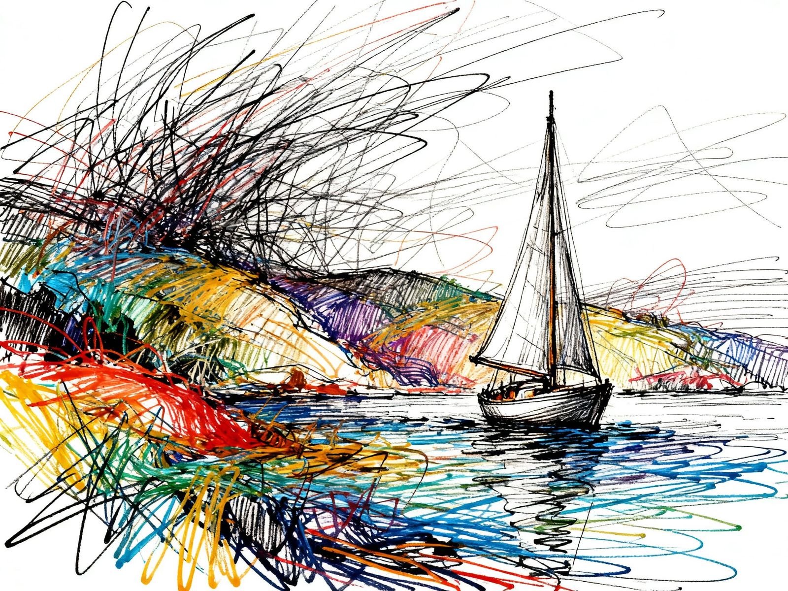 Abstract Sailboat Landscape in Chaotic Ink Lines