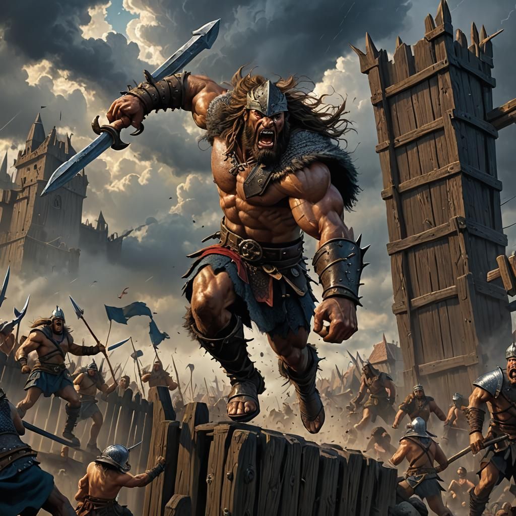 Barbarian Leaps Palisade in Cluttered Battle