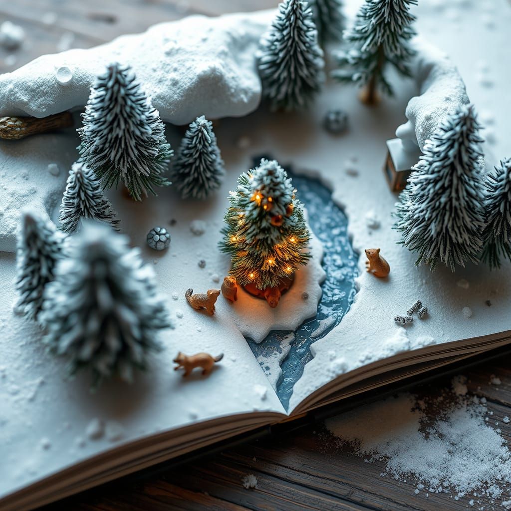 Tiny Animals Decorate Snowy Christmas Tree Inside Book