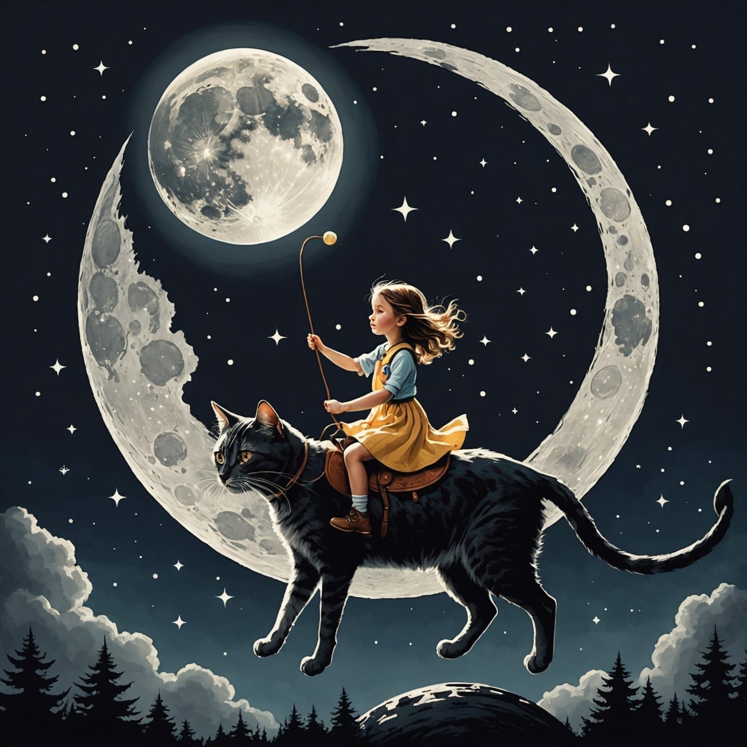 Girl Riding a Cat Around the Moon