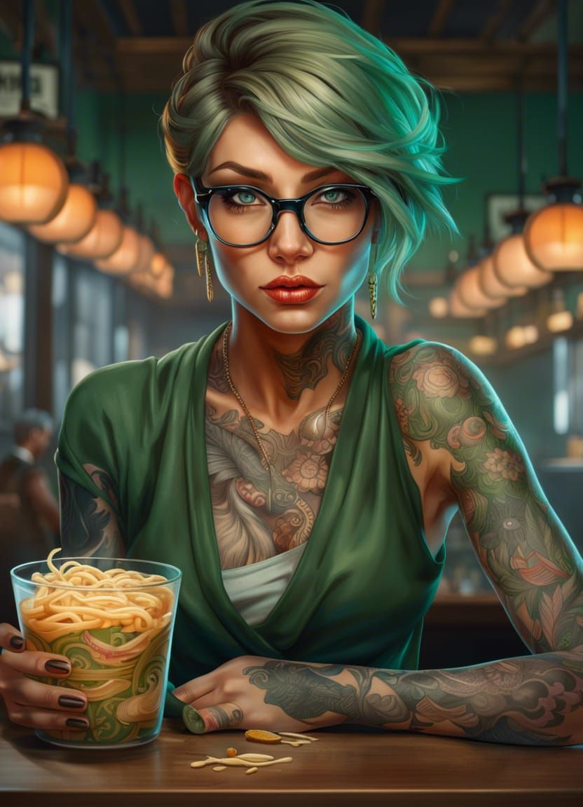 Tattooed Woman Eating Ramen, Hyperdetailed Portrait