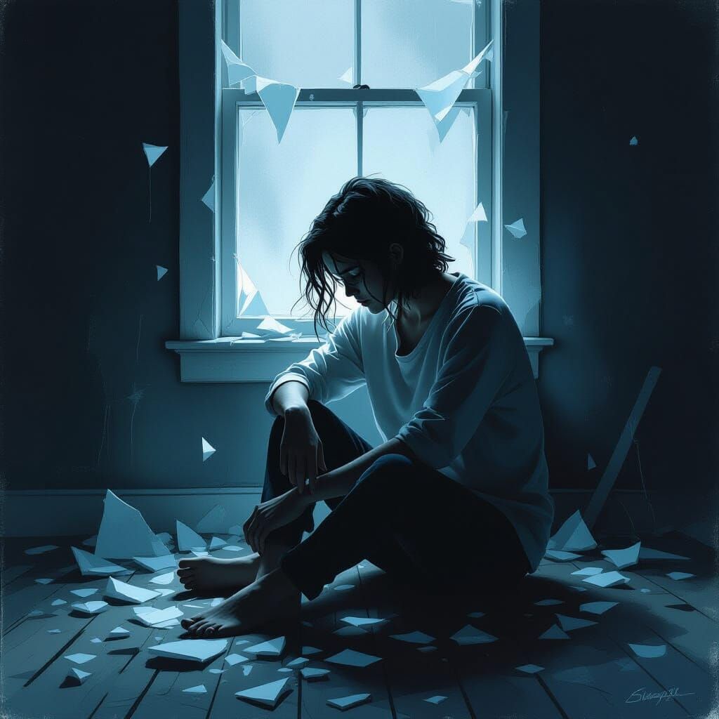 Distressed Person in Dimly Lit Room