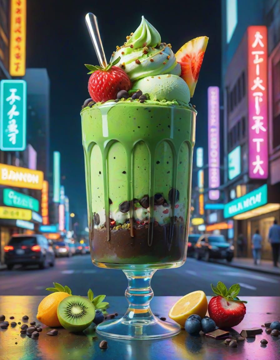 Matcha Parfait Dominates Futuristic Cityscape in Watercolor