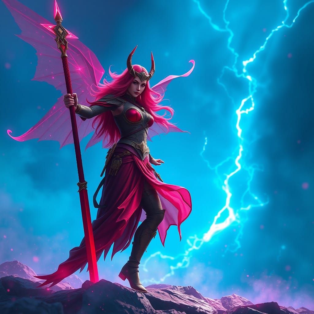 Vibrant Fantasy Warrior Against Electric Blue Background