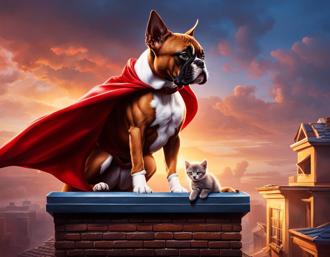 Boxer Superhero Rescues Kitten in Hyperrealistic Splash Art