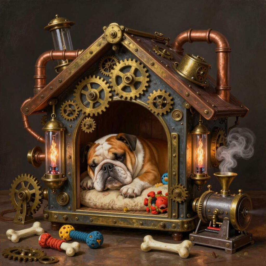 Steampunk Dog House with Snoozing Bulldog in Digital Paintin...