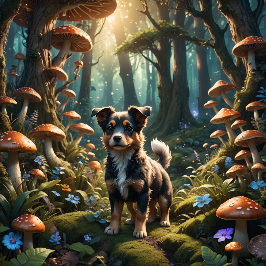 Puppy in Enchanted Forest: Whimsical 3D Matte Painting