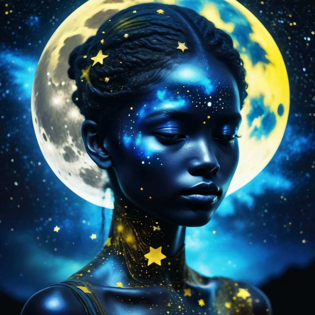 Psychedelic Blue Woman in Ethereal Night Sky Art