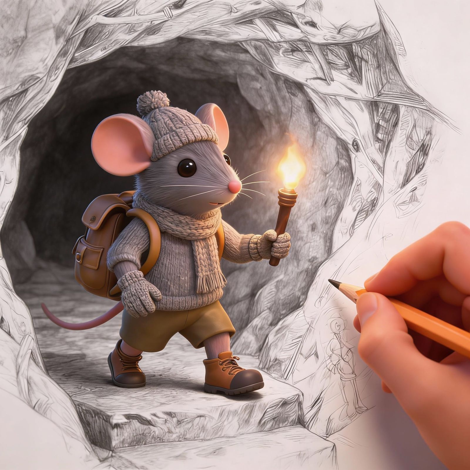 Mouse Hiker Escapes Dark Cave in 3D Graphic Illustration