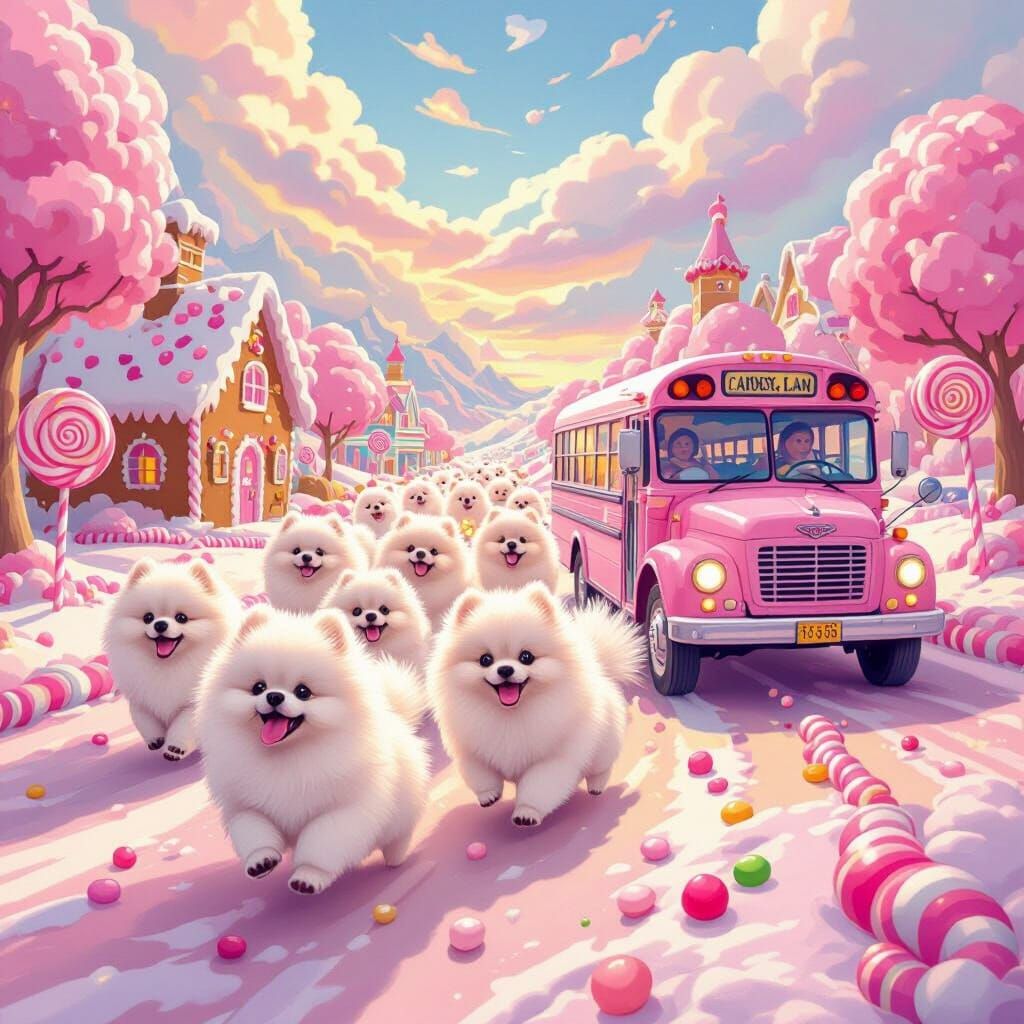 Pomeranians Chase Pink School Bus in Candy Land