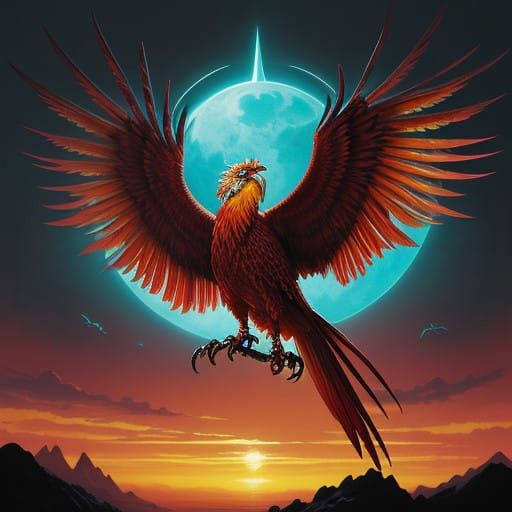 Luminous Phoenix-Garuda Beast Against Sunset Skies