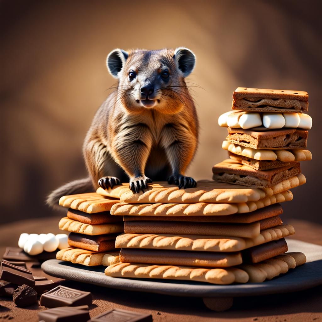 Rock Hyrax on Giant S'mores: Photorealistic 3D Image