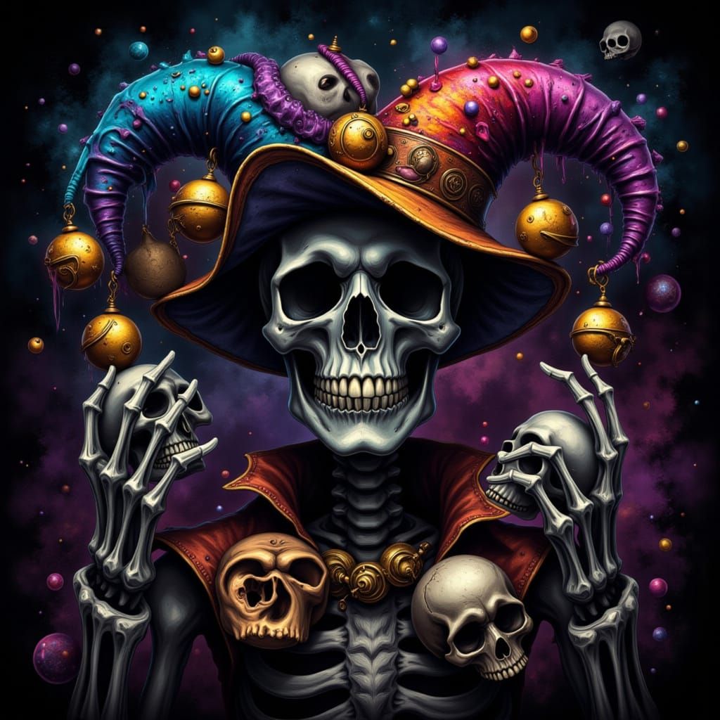Skeleton Jester in Dimly Lit Galaxy