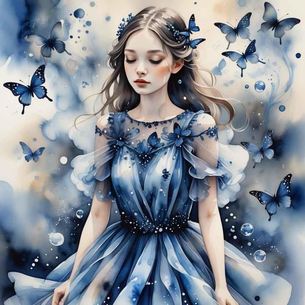 Ethereal Girl with Blue Butterflies, a Watercolour Painting