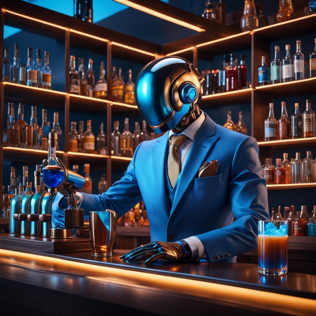 Photorealistic Cyborg Bartender in Retrofuturistic Style