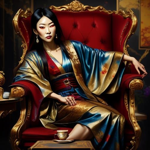 Woman in Kimono on Velvet Chair: Digital Painting