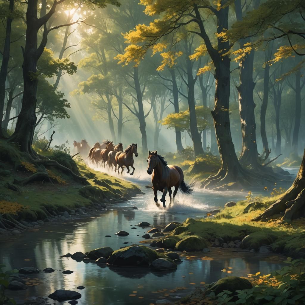 Horses Running in Forest: Miyazaki-Inspired Fantasy Art