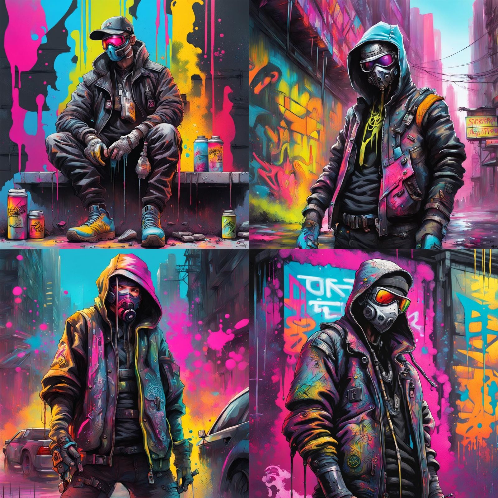 Cyberpunk Bandit Gathering in Graffiti Art Style