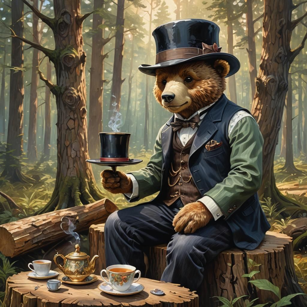 Teddy Bear's Forest Tea Party: Oil Painting Portrait