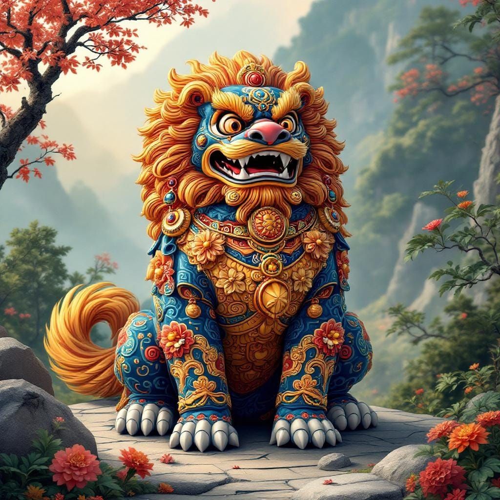 Majestic Komainu in Hokusai and Murakami Style