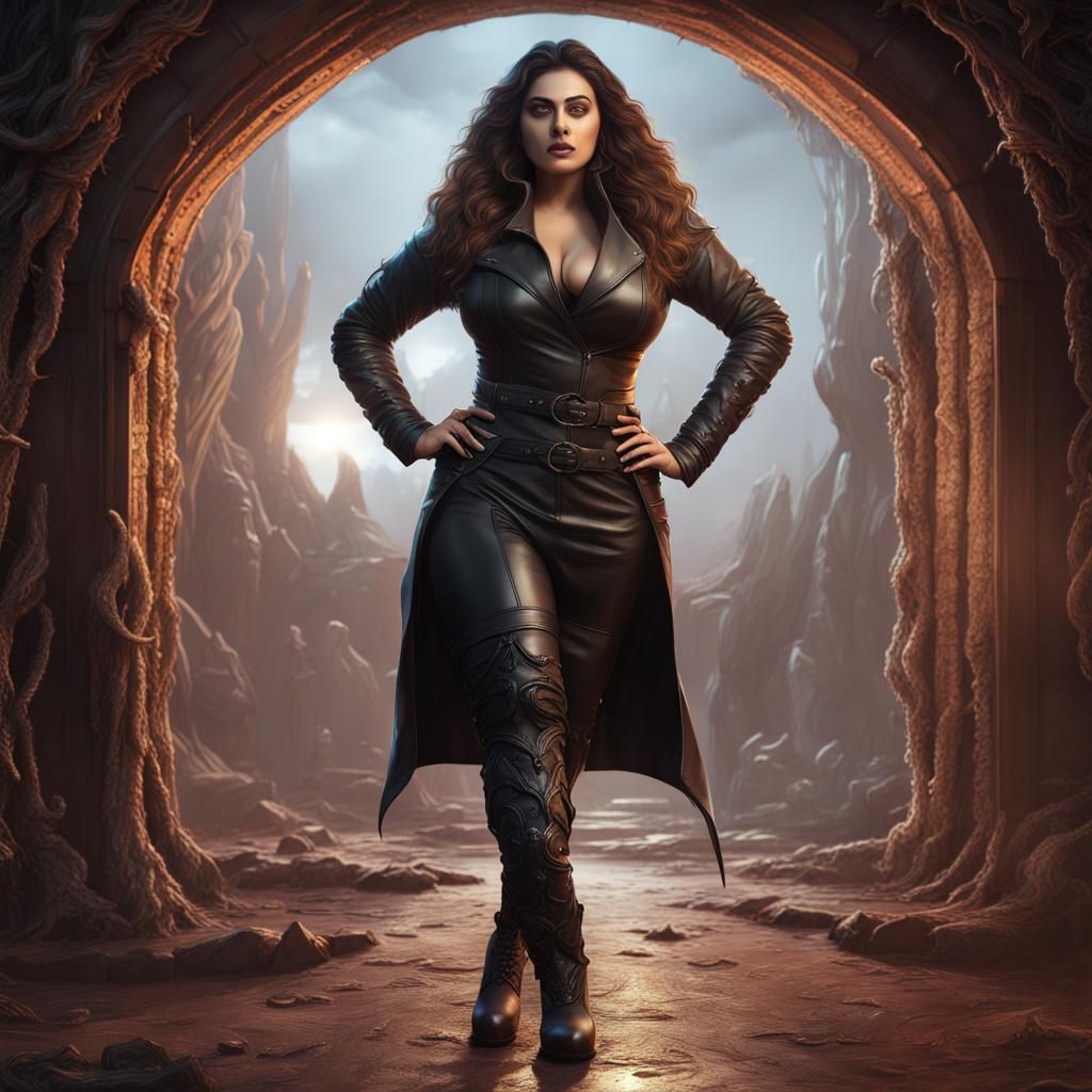 Leather-Clad Woman Faces Cthulhu: Fantasy Concept Art