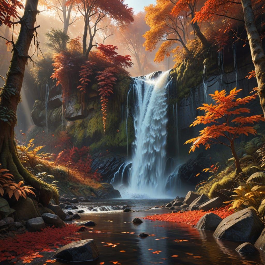 Vibrant Autumn Waterfall in Moody, Hyperrealistic Digital Pa...
