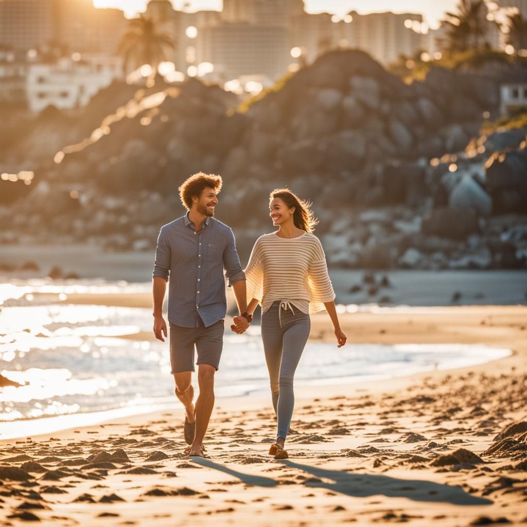 A young couple walk along the beach