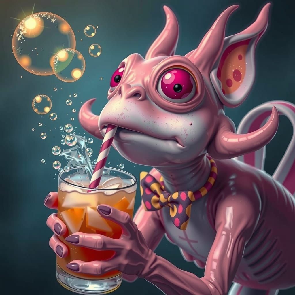 Pink Alien Drinks Soda: Whimsical Pop Art