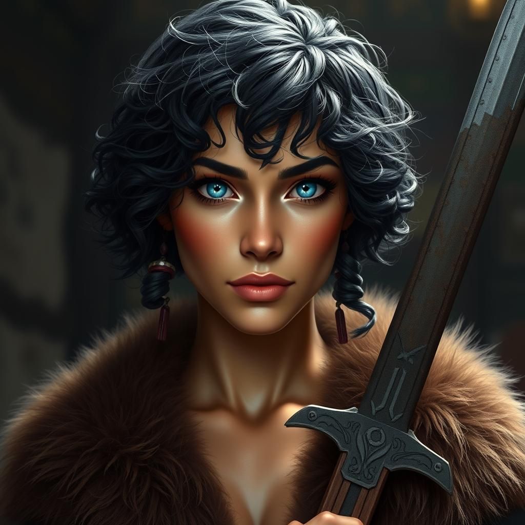 Barbarian Woman with Claymore in Tavern Setting