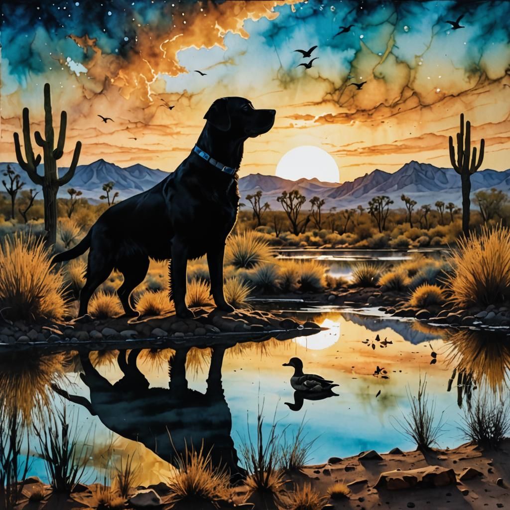 Labrador Double Exposure with Pond, Alcohol Ink Art