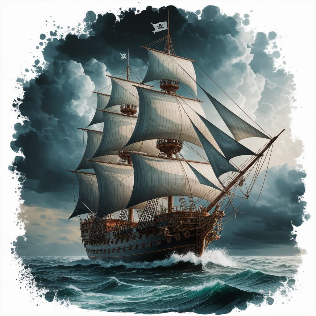 Stormy Pirate Ship in Midnight Ocean