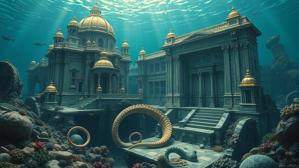 Sunken City with Kraken in Surreal Underwater Style