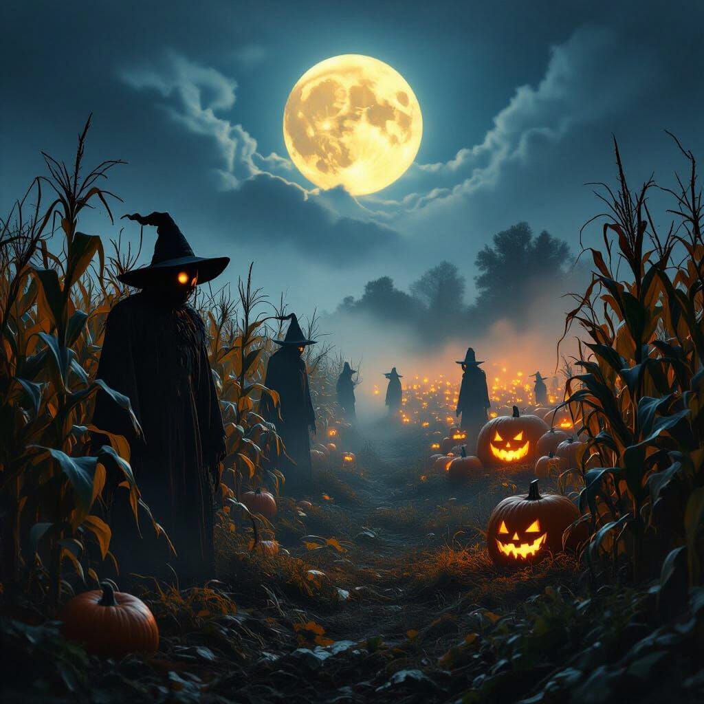 Eerie Foggy Cornfield Maze Under Full Moon